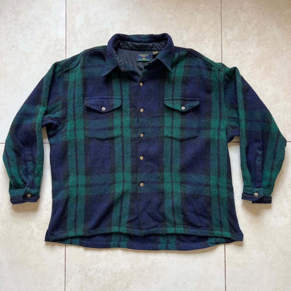 Vintage International Waters Green Black Plaid Wool Button Down Shirt Jacket